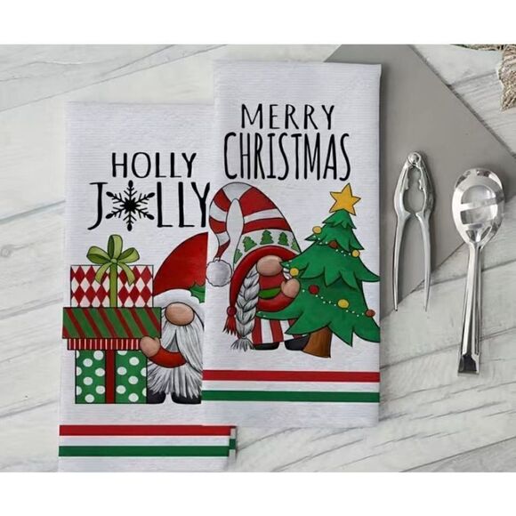 NWT Set Of 2 Holly Jolly Christmas Santa Gnome Kitchen Hand Towels - Picture 1 of 4